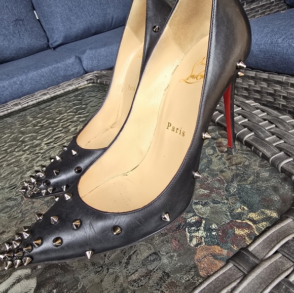 Authentic Christian Louboutin Black Leather Spiked Heels - Picture 8 of 13